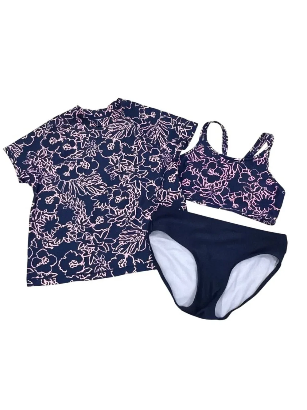 Athleta Girl Navy & Pink Floral Rashguard Set XL 14 With Justice Bikini L 12/14